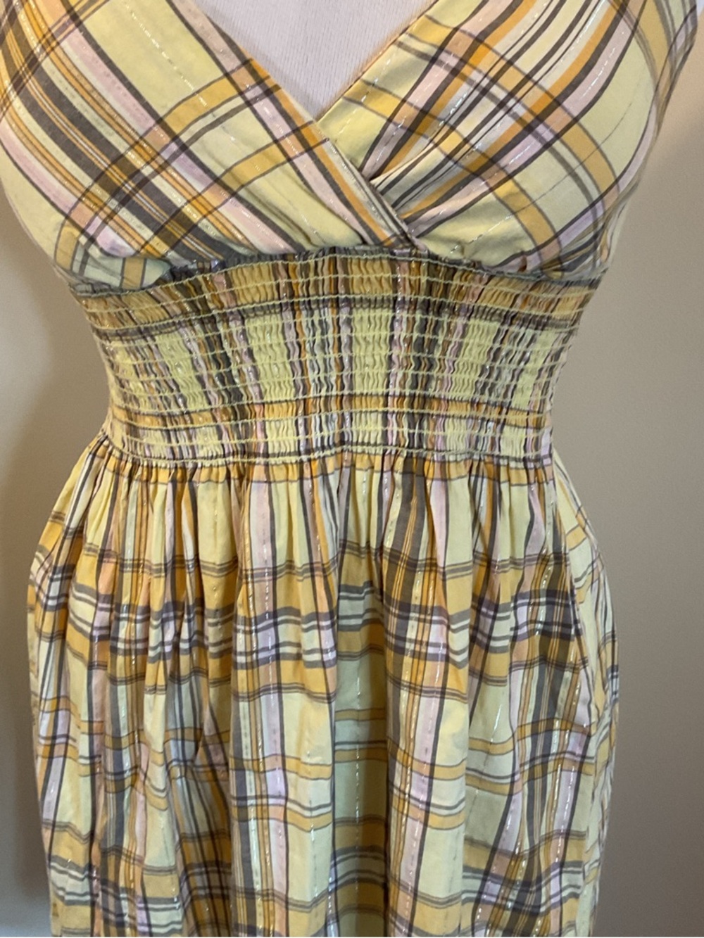 Fabiola Yellow Plaid Sundress Small Smocked Waist V-Neck Cotton Blend Summer - Picture 3 of 5